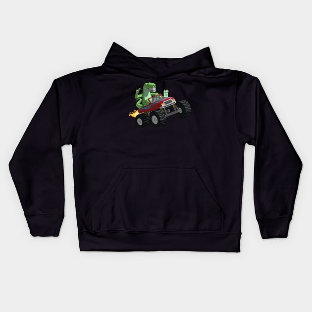 T-Rex on a Monster Truck Kids Hoodie by AMP